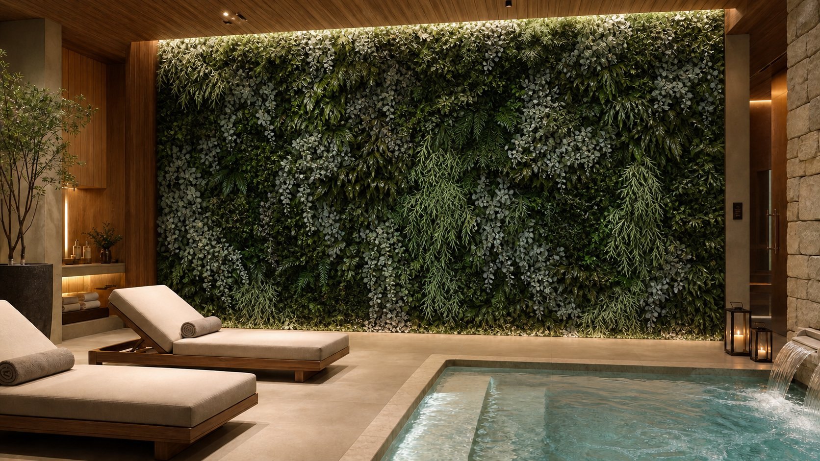 Spa-Bereich mit Dschungelwand am Pool