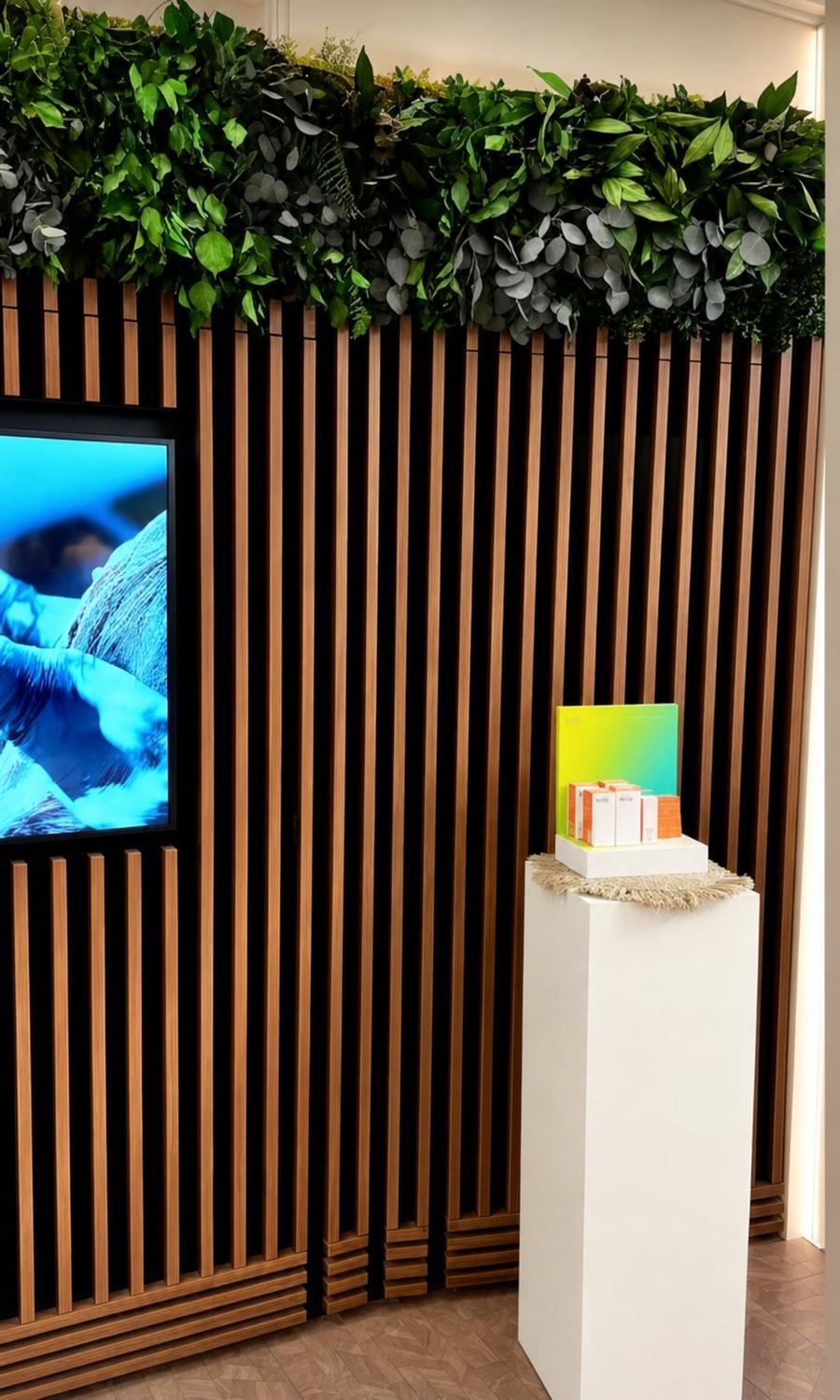Pflanzenbild über Holzlamellenwand im Friseursalon