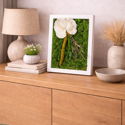 Islandmoosbild mit weißen Blumen Kala 4