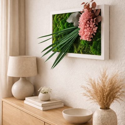 Pflanzenbild Islandmoosbild mit Hortensie 22,5 x 32,5 cm